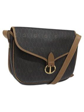 Authentic Christian Dior Honeycomb Canvas Shoulder Bag PVC Black Brown gold